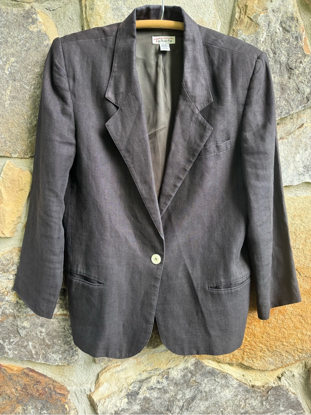 Talbots Vintage Black 100% Linen Blazer 12 Oversized Office Tailored Coastal
